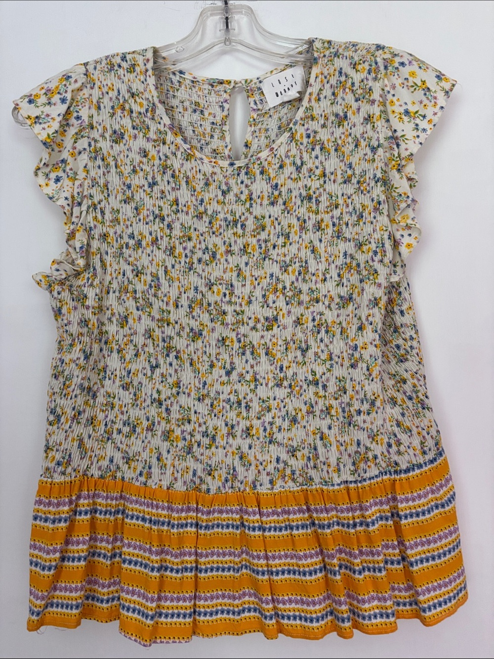 Lost + Wander Floral Short Cap Sleeve Peplum Top with Yellow Stripe Hem L